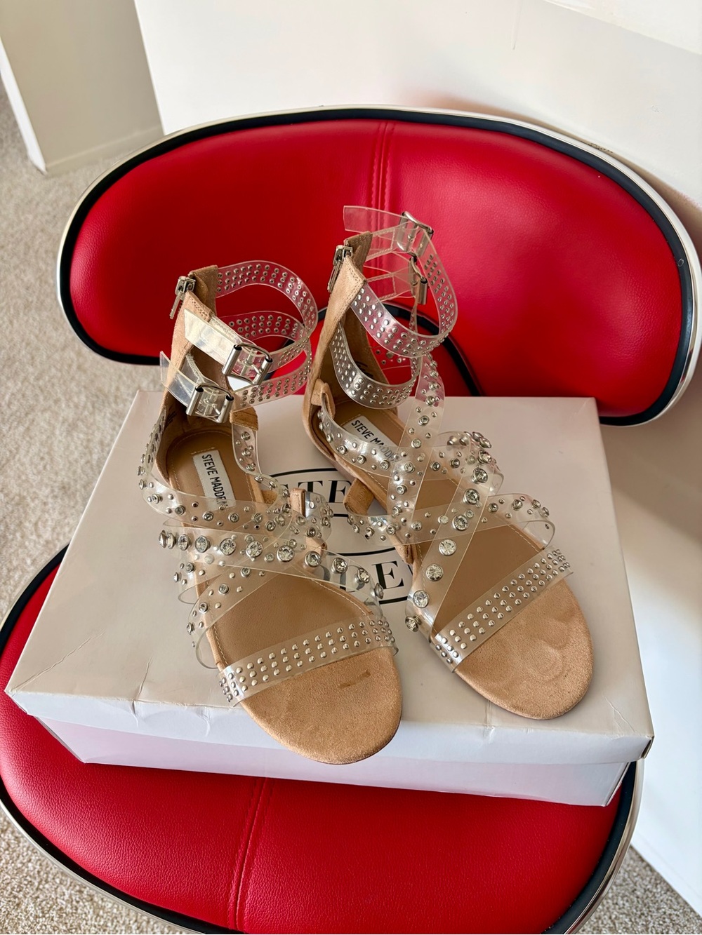 Steve Madden Clear Studded Strappy Gladiator Sandal - Silver Accents